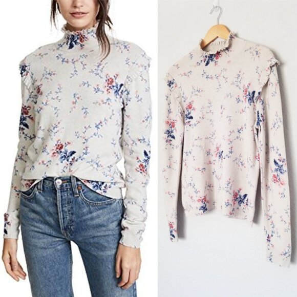 Joie Robbia Sweater L Wool Cashmere Blend Mock Neck Floral Ruffle Gesso $298 - Picture 4 of 16